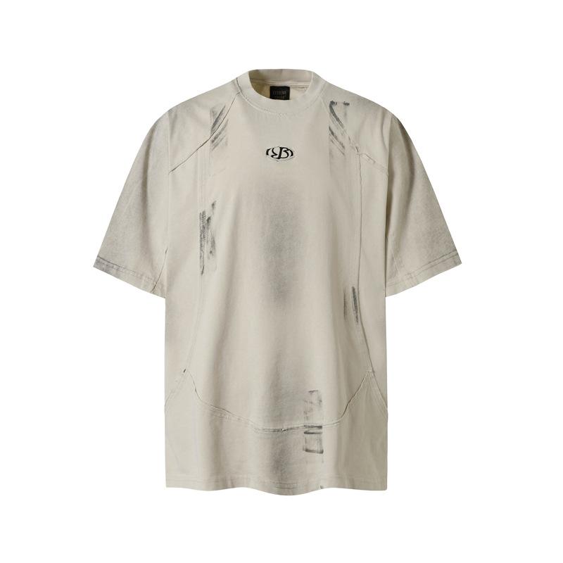 Tシャツ メンズ アメリカンスタイル ストリート レトロ ダメージ加工 切り替え 個性的 ゆったり ルーズフィット クルーネック プルオーバー カジュアル 綿素材 通気性 春夏 ロゴプリント