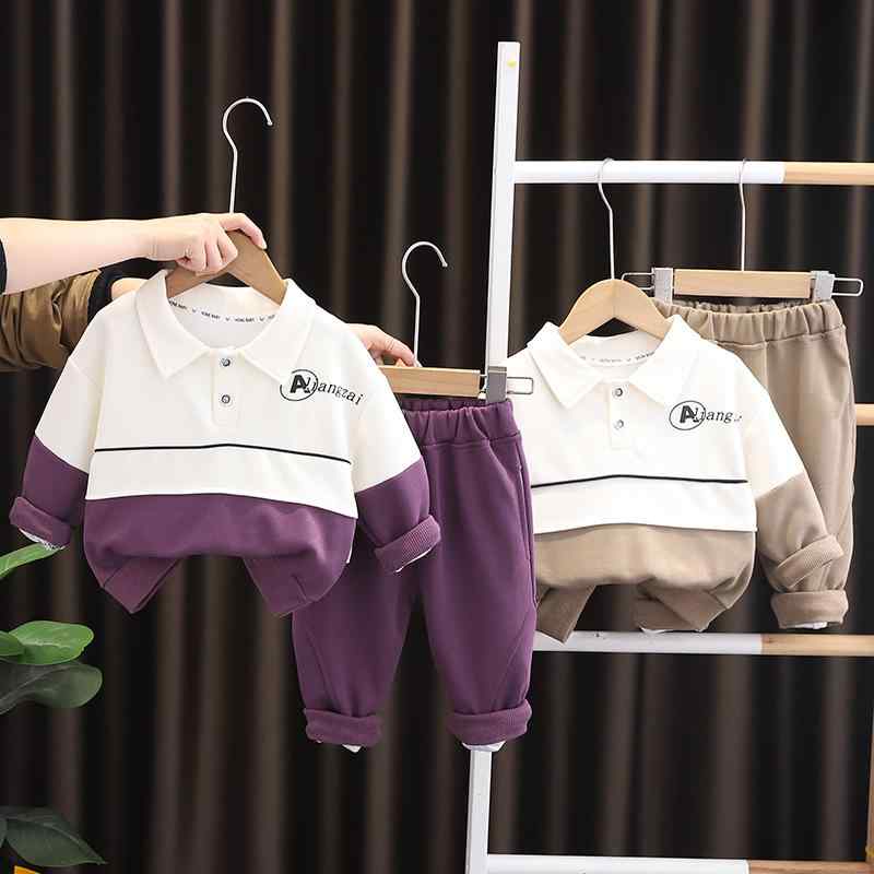 セットアップ 男の子 キッズ ベビー 男児 2点セット 上下セット 長袖 ポロシャツ トレーナー 切り替え 配色 襟付き スウェットパンツ ジョガーパンツ ロングパンツ 綿 コットン カジュアル 普段着 春秋 カーキ パープル