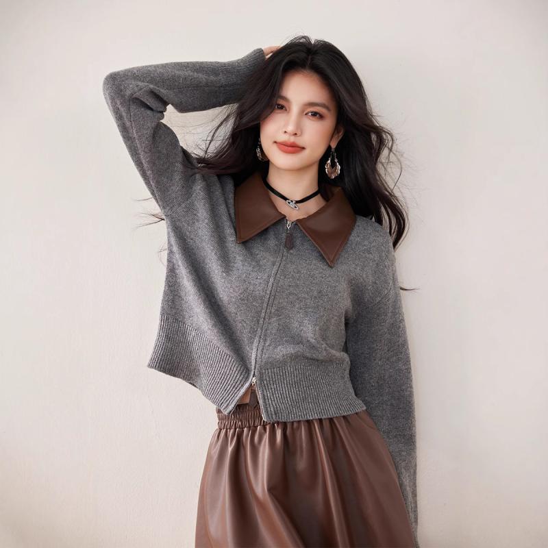ニット カーディガン レディース 切り替え レザー ポロ襟 ショート丈 ゆったり 冬 韓国ファッション レトロ カジュアル 中厚手 レーヨン混 グレー セーター