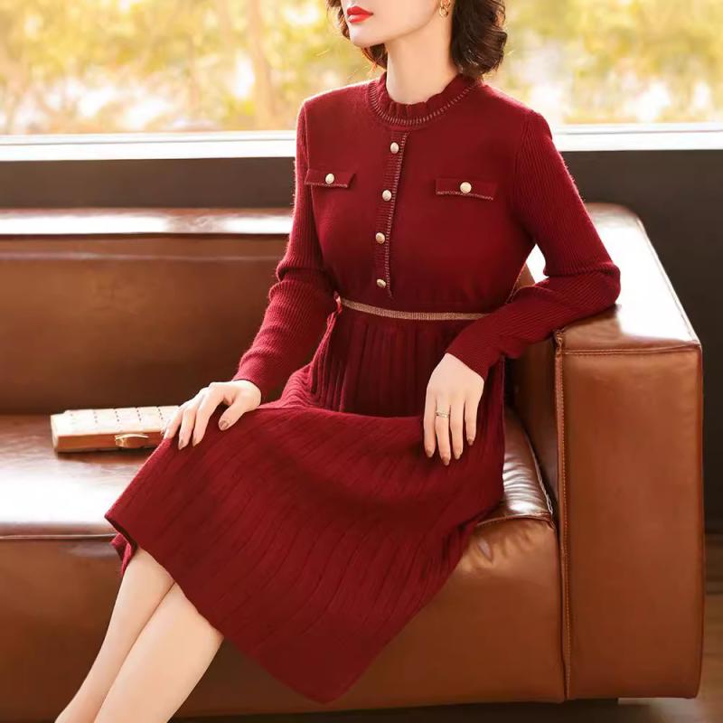 ニットワンピース レディース ミセス 女性 長袖 暖かい ラビットファー ゆったり 体型カバー Aライン 重ね着 ルームウェア 普段着 フェミニン ワインレッド 秋冬｜セキュアデポ 8,634円