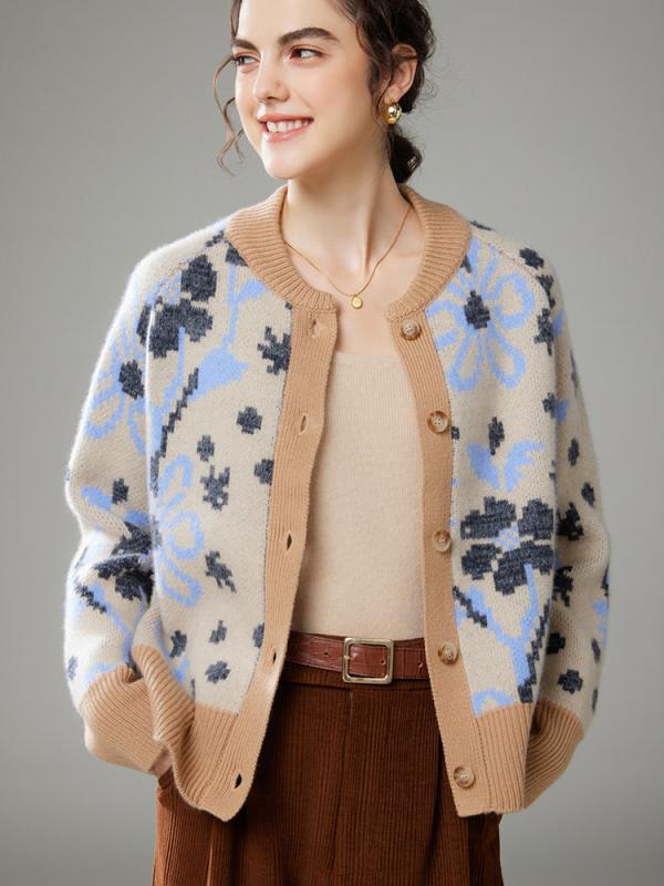 カーディガン レディース 秋冬 カシミヤ ニット 厚手 花柄 ジャカード ラウンドネック 長袖 ゆったり 柔らか 上品 快適 リラックス 着回し 通勤 カジュアル フロントボタン