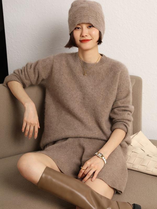 セーター レディース 女性用 秋冬 厚手 カシミヤ プルオーバー ゆったり ルーズ ラウンドネック 丸首 長袖 無地 ショート丈 オフィス カジュアル 通勤 きれいめ 上品 フリーサイズ