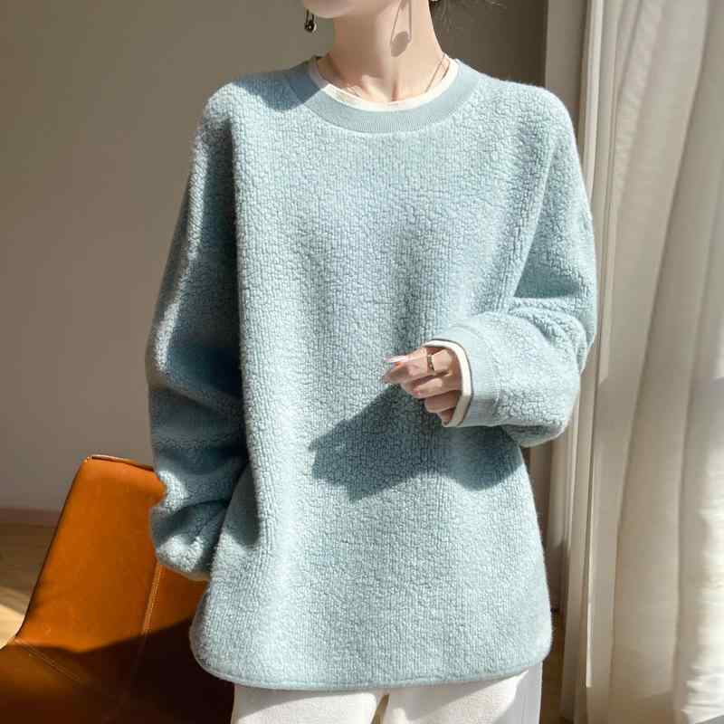 セーター レディース 秋冬 厚手 カシミヤタッチ ウール クルーネック タオル刺繍 切り替え フェイクレイヤード ゆったり オーバーサイズ レッド プルオーバー きれいめ 通勤 オフィス｜セキュアデポ