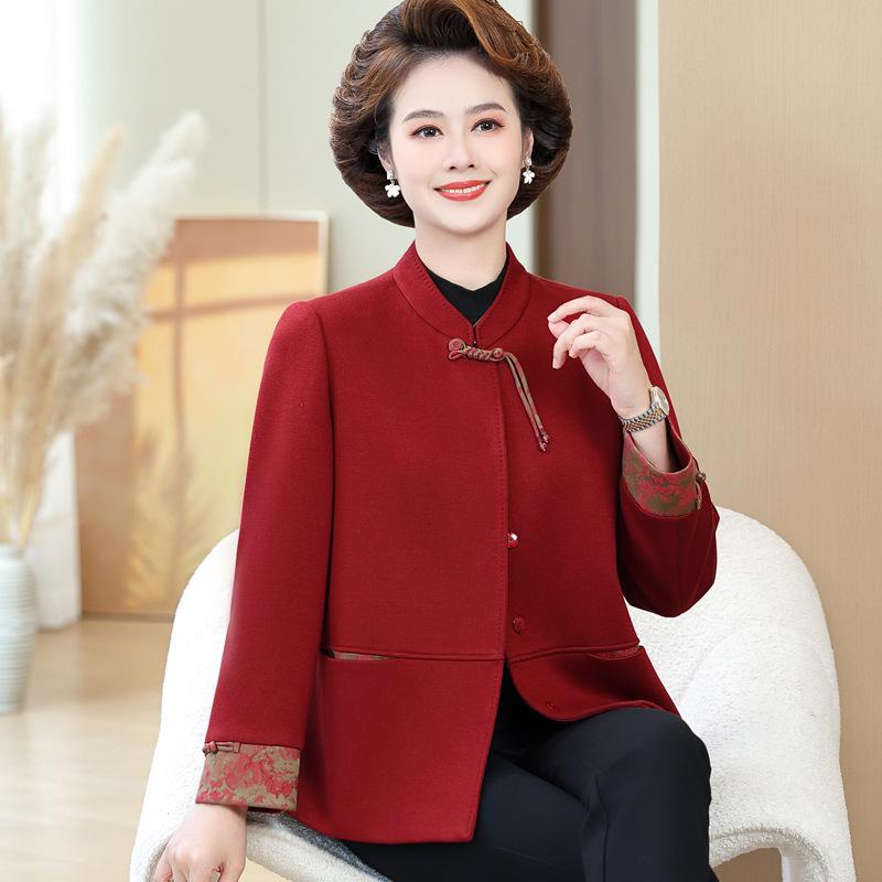 コート レディース ミセス 中高年 母親 結婚式 礼服 セレモニー フォーマル お呼ばれ 中国風 チャイナ風 ダブルフェイス ウール混 ショート丈 ゆったり 大きいサイズ 赤 レッド 秋冬｜セキュアデポ
