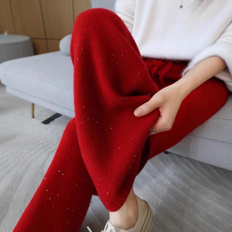 パンツ レディース 厚手 ウール カシミヤタッチ 超ロング丈 ラメ入り ニット ワイドパンツ 秋冬 ドレープ感 ウエストゴム ストレッチ 通勤 オフィス きれいめ 上品 しわになりにくい｜セキュアデポ