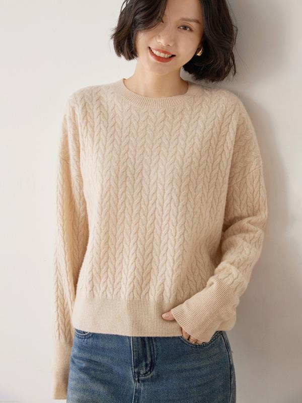 ニット レディース カシミヤ 厚手 総ケーブル編み 丸首 プルオーバーセーター ゆったり 暖か 保温 着痩せ 通勤 無地 秋冬 長袖 トップス｜セキュアデポ