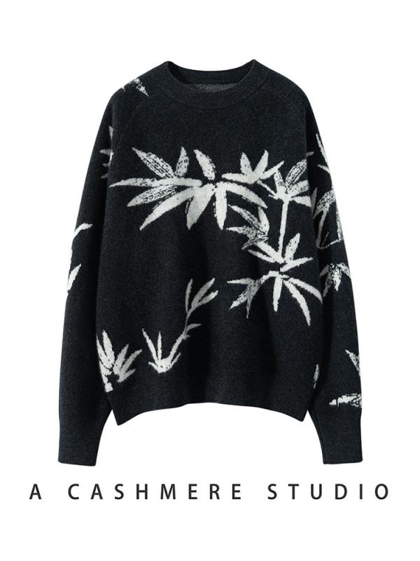 ニット レディース カシミヤ ジャガード 植物柄 厚手 ゆったり ラウンドネック 長袖 プルオーバー 新中華風 上品 インナー カットソー 通勤 大人 秋冬