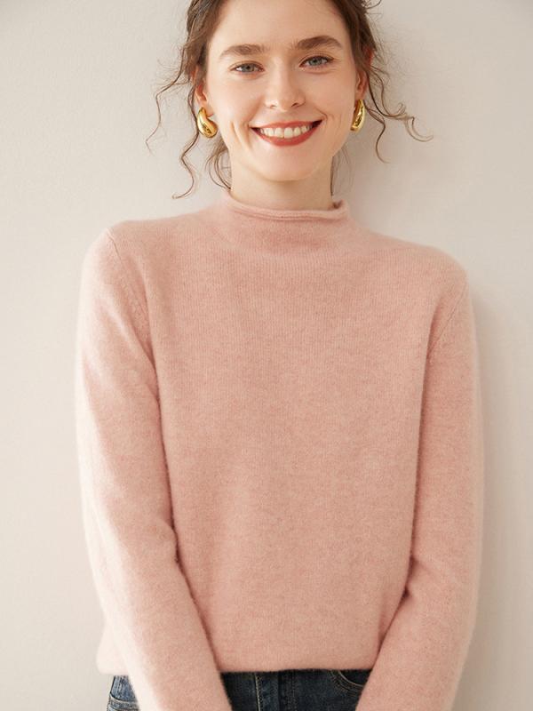 ニット レディース カシミヤ 厚手 ゆったり 着痩せ効果 ハーフネック 長袖 シンプル ロールヘム インナー プルオーバー きれいめ 通勤 無地|セキュアデポ