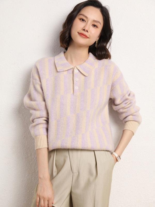 ニット レディース 女性用 秋冬 POLO襟 カシミヤ 長袖 セーター プルオーバー 保温性 厚手 ゆったり 上品 きれいめ 通勤 フレンチ 配色切り替え｜セキュアデポ