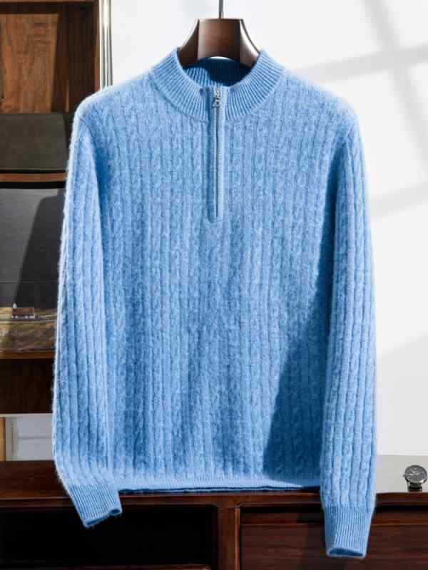 ニット メンズ 秋冬 上質カシミヤブレンド 保温 あったか ゆったり オーバーサイズ 長袖 モックネック ジップ ケーブル編み プルオーバー カジュアル トップス