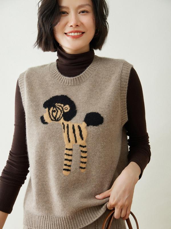 ベスト レディース 秋冬 カシミヤ ニット ポニー柄 ジャカード 丸首 クルーネック 細見え ゆったり 体型カバー ノースリーブ ジレ 着回し 通勤 オフィス カジュアル|セキュアデポ