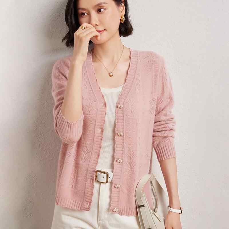 カーディガン レディース 秋冬 ウール カシミヤブレンド ゆったり Vネック 透かし編み ニット ピンク 暖かい 柔らかい 韓国ファッション カジュアル リラックスフィット 長袖｜セキュアデポ