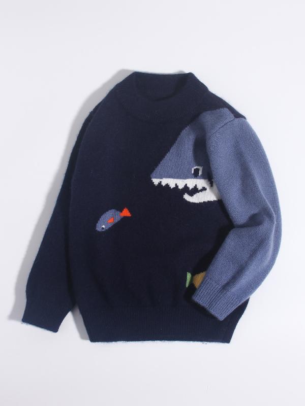 ニット キッズ 子供 カシミヤセーター 厚手 柔らかい肌触り キャラクター サメ柄 丸首 秋冬 防寒 あったか カジュアル 通園 通学 普段着 ネイビー 男の子 女の子 幼児 小学生|セキュアデポ