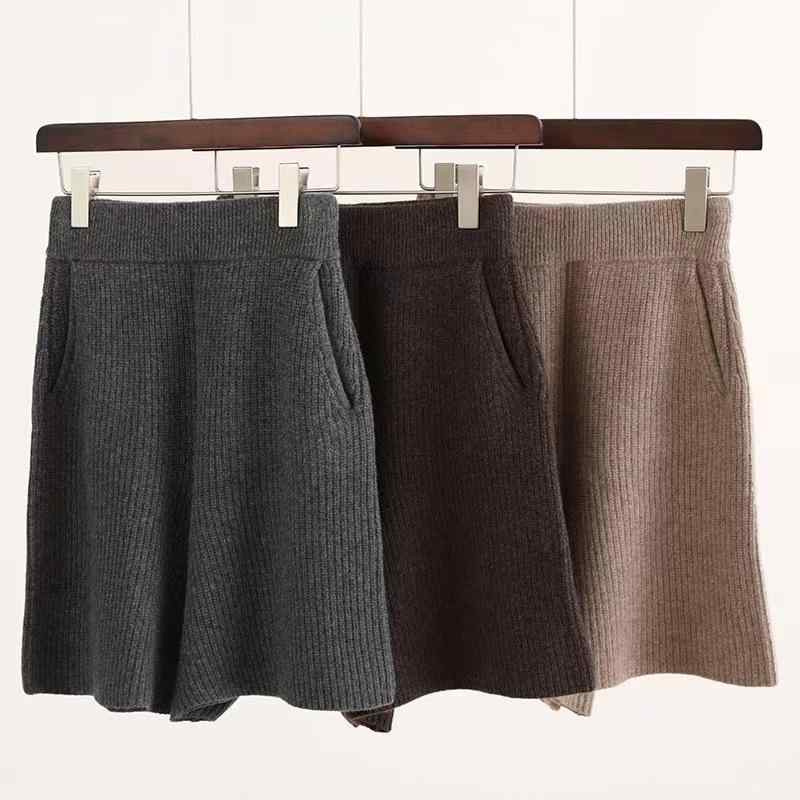 ニットショートパンツ レディース 韓国ファッション 秋冬 ウール カシミヤ ハイウエスト 着痩せ 体型カバー 厚手 暖かい 通勤 オフィス きれいめ 微ストレッチ 五分丈