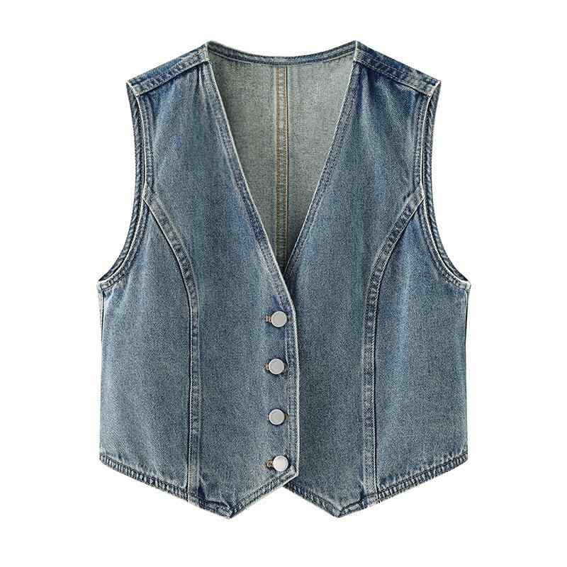 デニム ベスト レディース 女性用 前開き シングルボタン Vネック ショート丈 秋冬 綿混 コットン混 ポリエステル スリムフィット きれいめ カジュアル 韓国ファッション 甘辛ミックス クール おしゃれ ジレ 無地