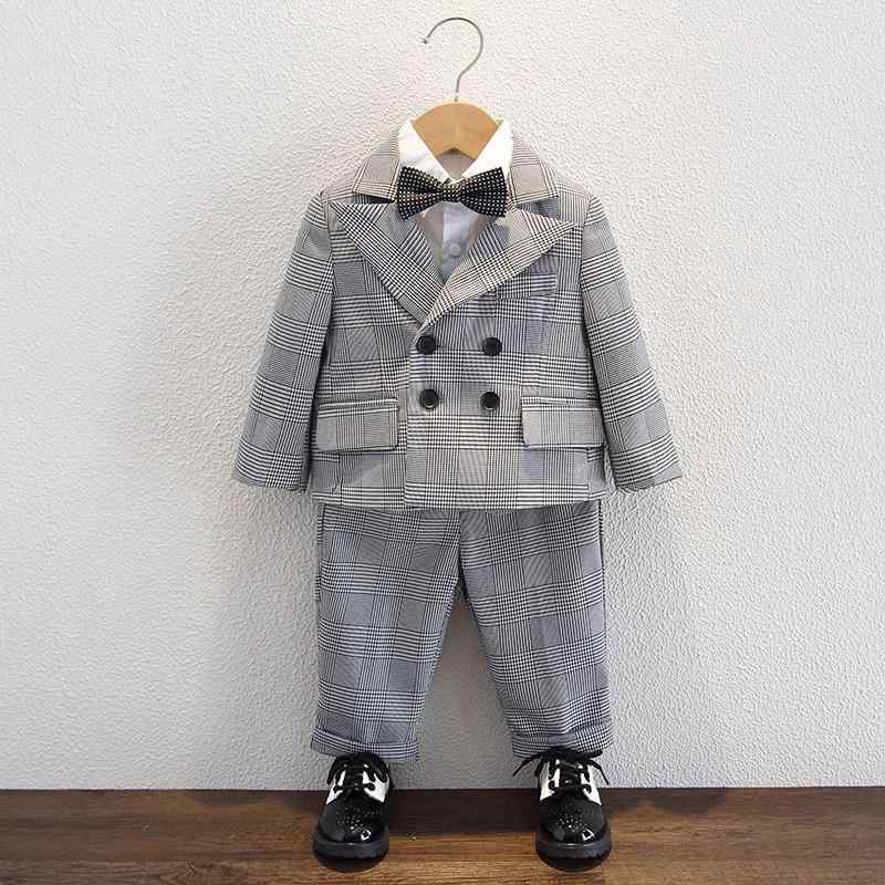 スーツ 男の子 キッズ ベビー 男児 春秋 フォーマル 礼服 セットアップ ブリティッシュ 英国風 発表会 舞台 司会 結婚式 入園式 卒園式 入学式 卒業式 七五三 1歳 誕生日 セレモニー グレンチェック柄 ポリエステル グレー