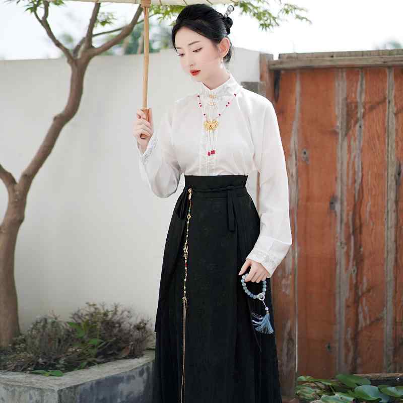セットアップ レディース ネオチャイニーズ 国風 改良漢服 刺繍 長袖シャツ ブラウス 黒 馬面スカート ツーピース カジュアル 通勤用 秋冬 アクリル