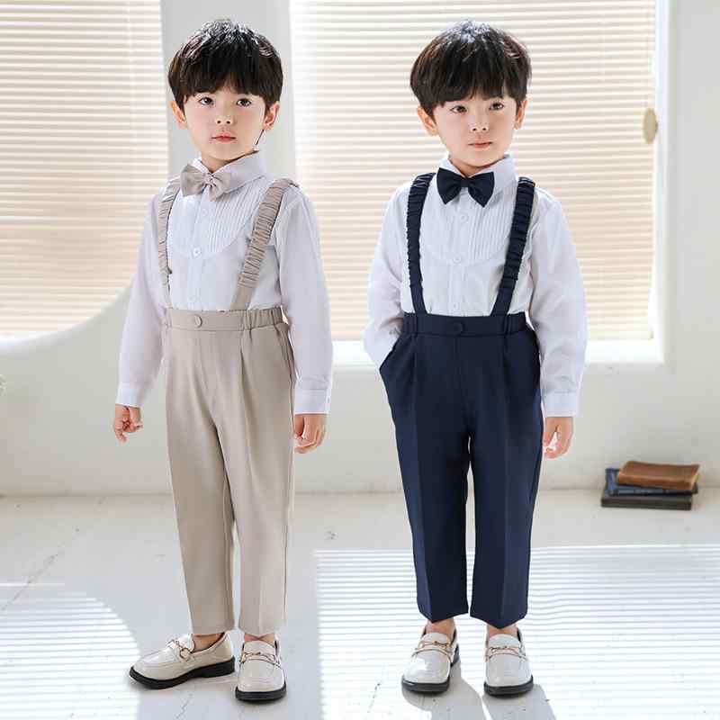 キッズ 男の子 フォーマルスーツ 長袖シャツ サスペンダー付き長ズボン 蝶ネクタイ 4点セット 入学式 卒業式 発表会 結婚式 七五三 演奏会 イベント 韓国風 英国風 おしゃれ オールシーズン
