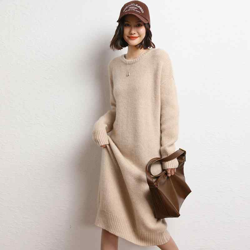 ニットワンピース レディース 厚手 カシミヤ 秋冬 ラウンドネック 丸首 長袖 ゆったり オーバーサイズ ミドル丈 無地 インナー 重ね着 通勤 上品 セーター