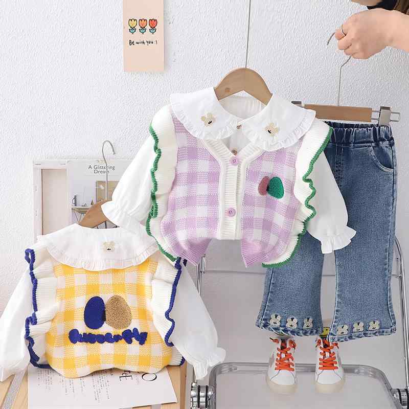 ベビー服 女の子 幼児 赤ちゃん キッズ 韓国風 おしゃれ かわいい 付け襟 ブラウス ニットベスト カーディガン コットン 春秋 上下セット セットアップ イエロー パープル