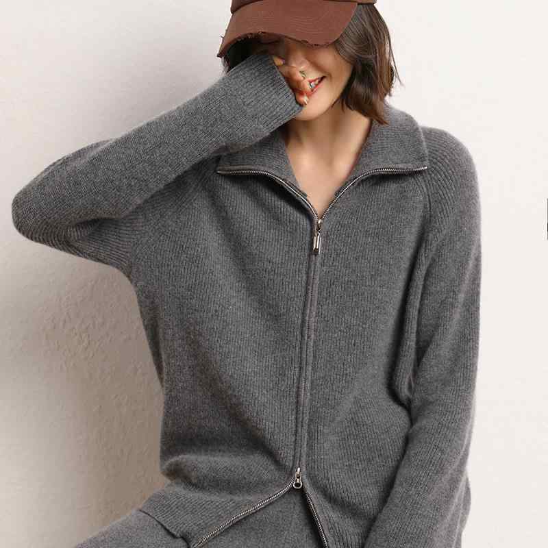 カーディガン レディース 秋冬 カシミヤ ショート丈 ゆったり ポロ襟 無地 ダブルジップ ニットセーター 通勤