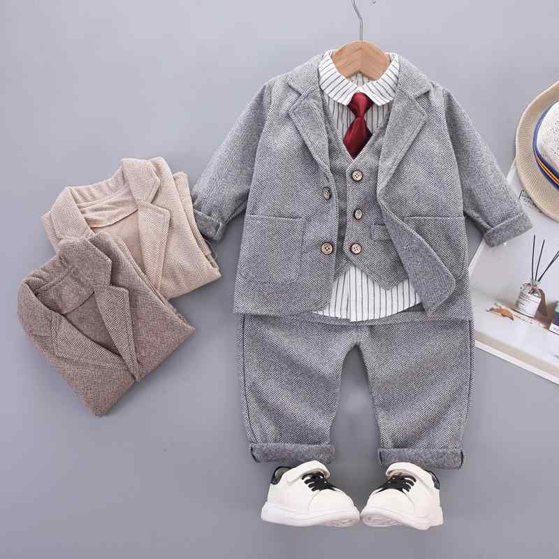 フォーマルスーツ キッズ 男の子 長袖 ストライプ柄シャツ 無地ジャケット ベスト パンツ ネクタイ 発表会 結婚式 七五三 入学式 卒園式 冠婚葬祭 秋冬 4点セット