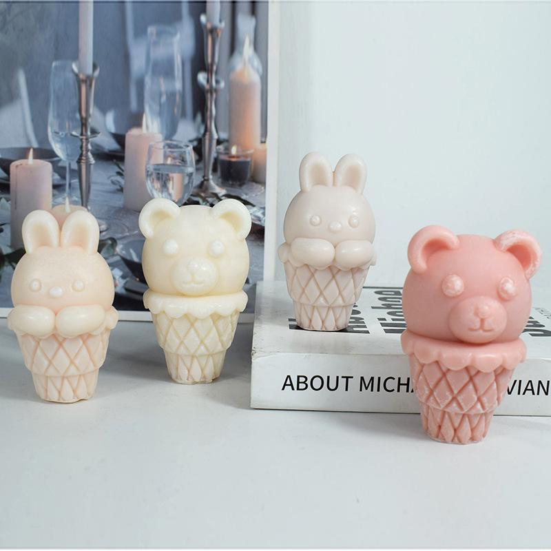シリコンモールド DIY アイスクリームうさぎ アイスクリームくま かわいい アロマキャンドル 石膏 ケーキ チョコレート レジン 手作り ハンドメイド クラフト ホワイト