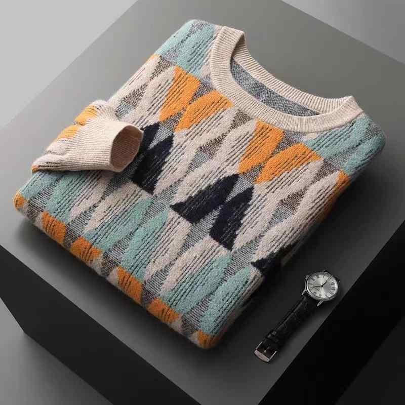 セーター メンズ 秋冬 厚手 ゆったり クルーネック ウール カシミヤ レトロ 配色 切り替え プルオーバー 長袖 トップス デイリー カジュアル