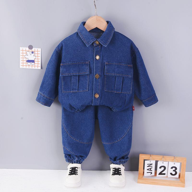 キッズ 男の子 デニム セットアップ ジャケット パンツ 2点セット 春秋 無地 襟付き 綿素材 薄手 柔らかい カジュアル おしゃれ かっこいい お出かけ