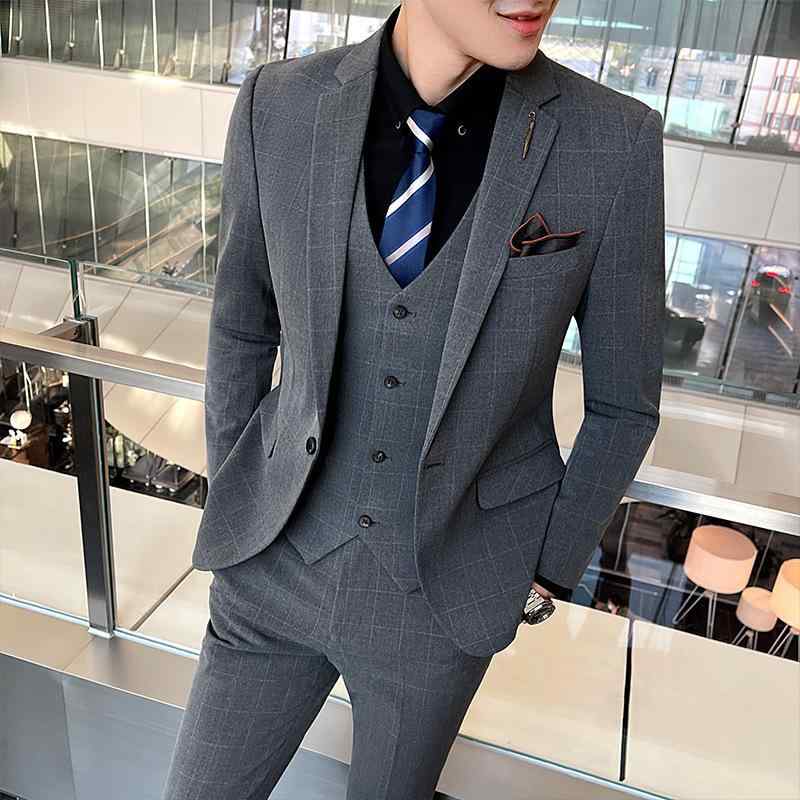 スーツ メンズ スリムフィット チェック柄 スリーピース 3点セット ビジネス フォーマル 韓国ファッション 結婚式 パーティー 二次会 カジュアル オールシーズン対応 混紡素材｜セキュアデポ