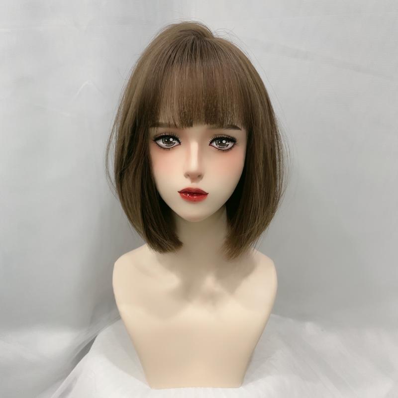 ウィッグ レディース 女性用 ボブ ショート ストレート 韓国風 内巻き シースルーバング フルウィッグ 耐熱ファイバー 自然な前髪 ミルクティーブラウン 小顔効果