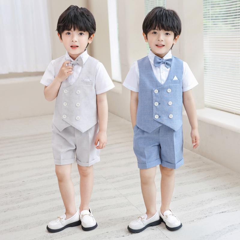 キッズ 男の子 フォーマル スーツ 礼服 半袖 ベスト ジレ セットアップ 夏用 結婚式 発表会 イベント パーティ お宮参り 誕生日 記念日 セレモニー 柔らかい 肌に優しい 通気性 Vネック ダブルボタン ショートパンツ