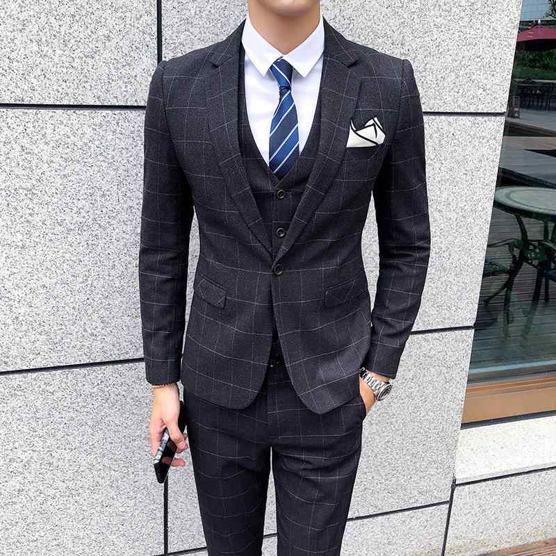 スーツ メンズ 男性用 春秋 結婚式 披露宴 二次会 パーティー ビジネス フォーマル スリムフィット 細身 英国風 韓国風 チェック柄 スリーピース セットアップ ジャケット ベスト パンツ 上品 紳士服｜セキュアデポ