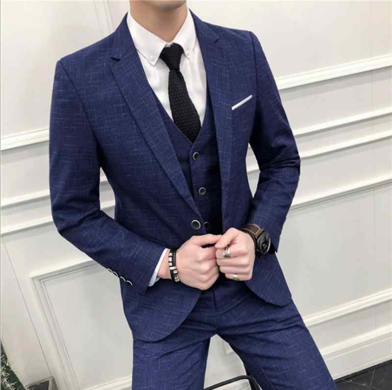 スーツ 男性用 おしゃれ ビジネス フォーマル ストライプ 格子柄 スリーピース セットアップ スリムフィット 細身 春秋 綿 アセテート ブルー ダークグレー|セキュアデポ