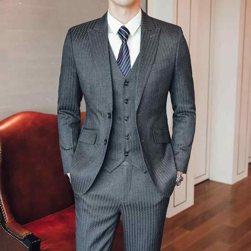 スーツ メンズ 男性用 韓国風 スリム 新郎 結婚式 礼服 フォーマル スリーピース ビジネス カジュアル ジャケット 通勤 秋 グレー セットアップ|セキュアデポ