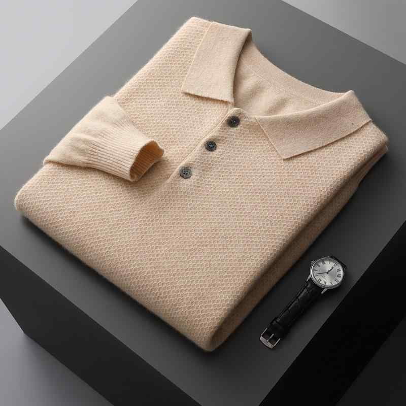 ニット メンズ 秋冬 ポロ襟 カシミヤ ウール混 厚手 スリムフィット セーター ビジネス カジュアル 通勤 長袖 無地 プルオーバー|セキュアデポ