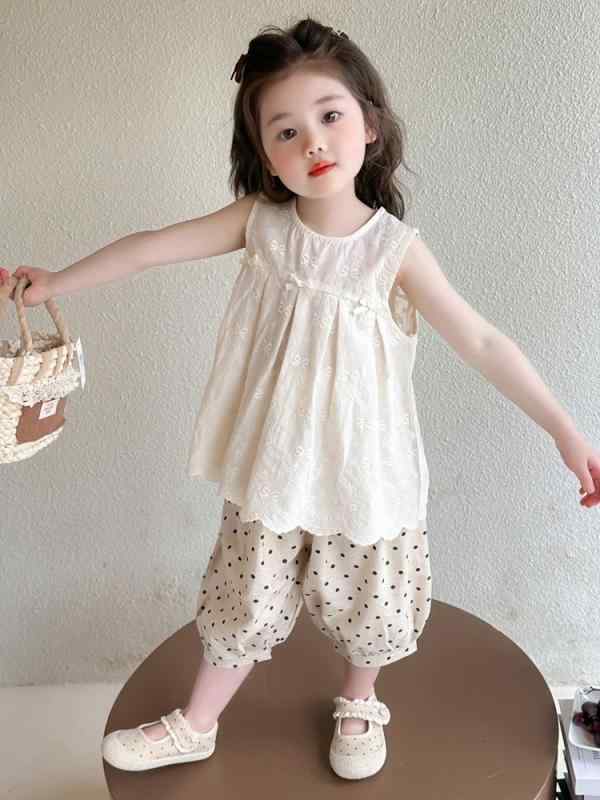 セットアップ キッズ 女の子 薄手 夏服 ノースリーブ レース リボン ドット柄 韓国風 おしゃれ ロングパンツ 綿 コットン 2点セット カジュアル お出かけ 部屋着 アプリコットカラー