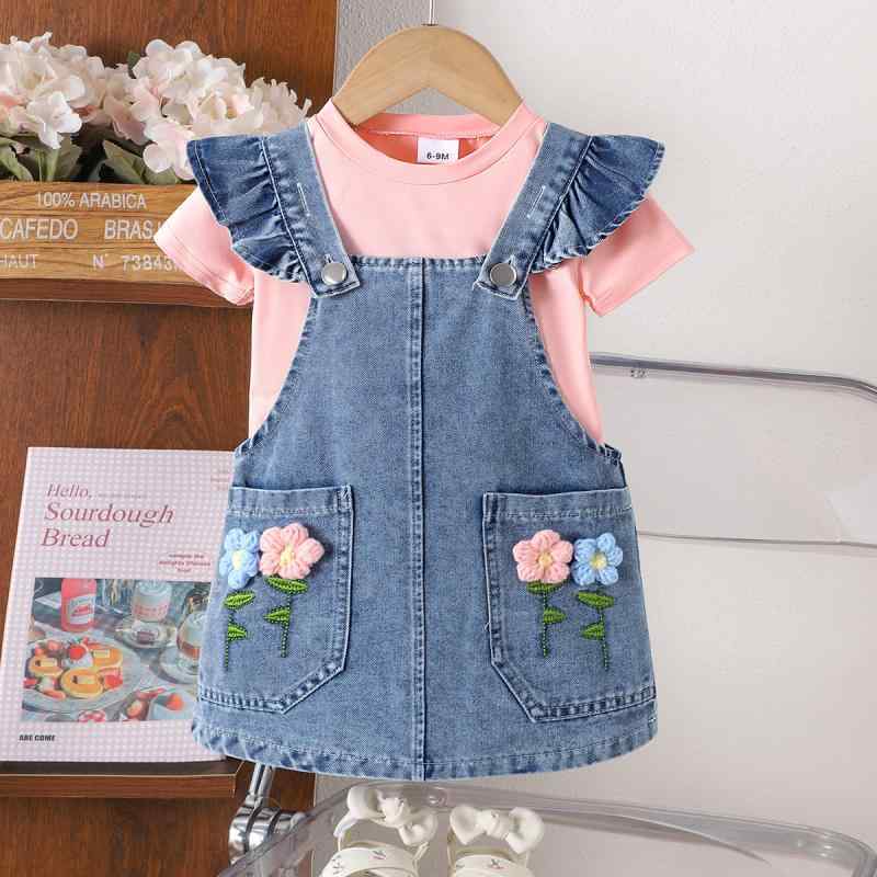 ベビー キッズ 女の子 セットアップ 春夏 欧米風 かわいい 薄手 柔らか コットンブレンド 無地 半袖Tシャツ フリル袖 サロペットスカート ピンク お出かけ 部屋着