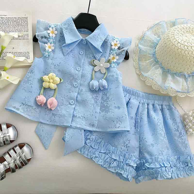 キッズ 女の子 プリンセス風 おしゃれ 2点セット セットアップ 夏 フリル袖トップス レースショートパンツ 花柄 薄手 接触冷感 吸汗速乾 涼しい バックリボン 背中開き