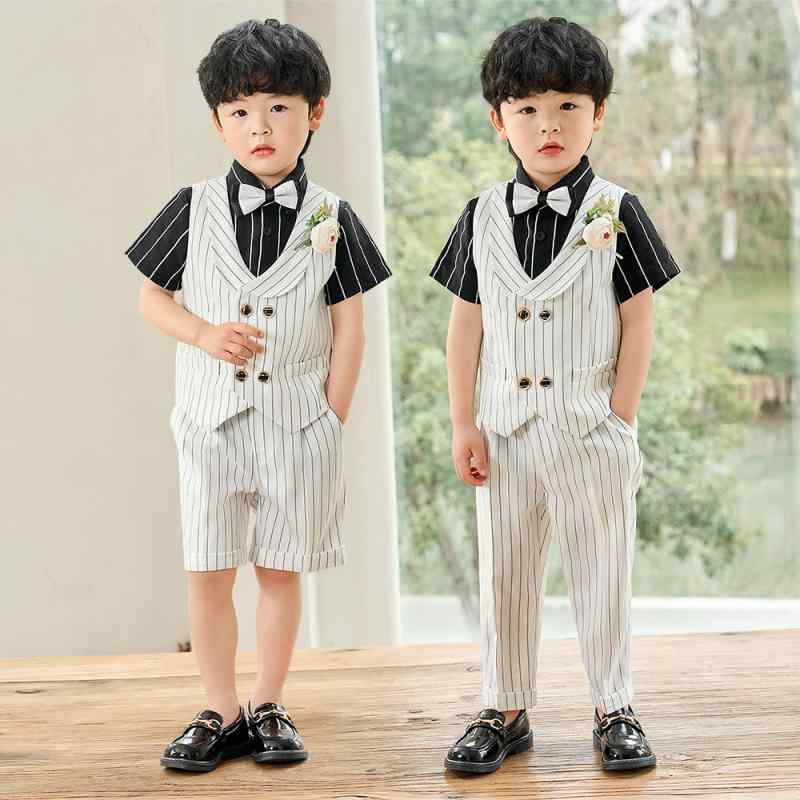 スーツ 男の子 キッズ 半袖シャツ ベスト パンツ セットアップ ダブルボタン ストライプ柄 英国風 結婚式 発表会 フォーマル 演奏会 撮影 フラワーボーイ 七五三 入学式 ポリエステル素材 春夏 4,285円
