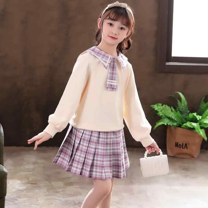 キッズ 女の子 ガールズ スクール風 JK制服 セットアップ 春秋 2点セット スウェット トレーナー プリーツミニスカート チェック柄スカート 綿混 コットン 長袖 やわらか 通学 お出かけ ピンク アプリコットカラー