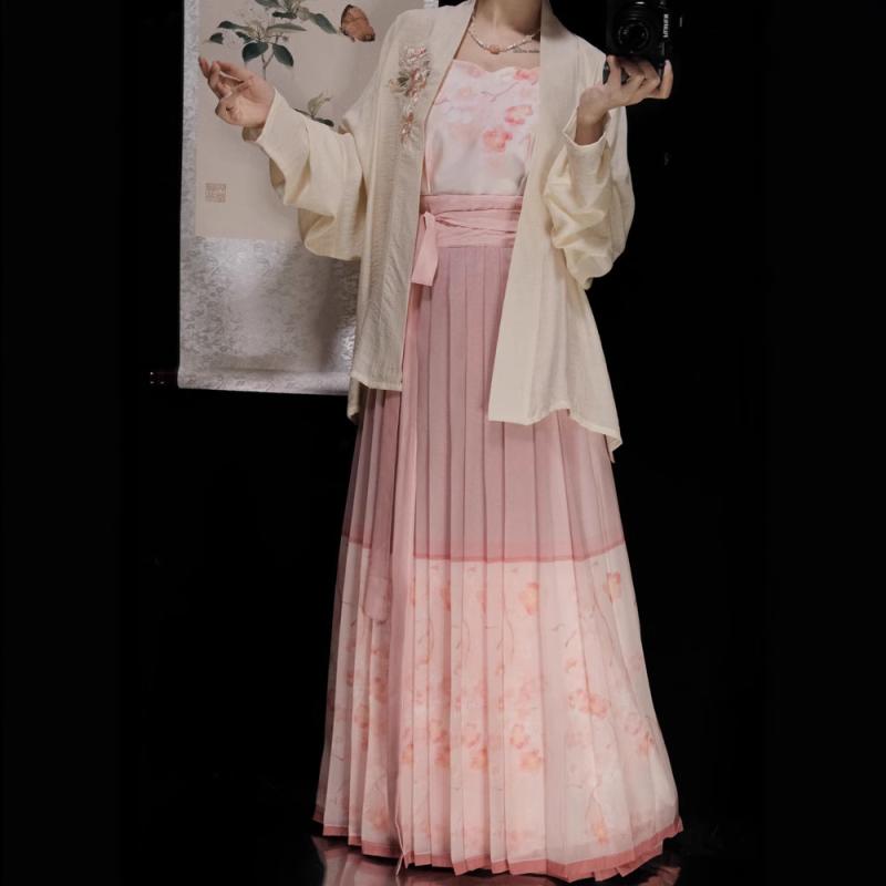 漢服 レディース 春夏 新中華風 宋代風 伝統衣装 ワイドスリーブ ハイウエスト プリーツスカート 刺繍 ポリエステル 日常使い カジュアル