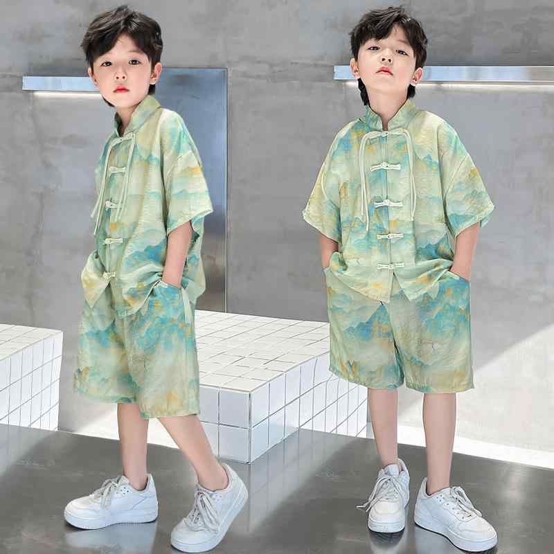 唐装 男の子 キッズ ジュニア セットアップ 2点セット 春夏 薄手 柔らか ポリエステル綿混 抽象柄 漢服 中国風 遠山黛 飾りボタン カジュアル 中大童向け