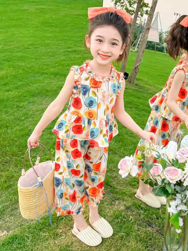 キッズ ガールズ フリル袖 薄手 柔らかい カジュアル パンツ セットアップ ローズ 花柄 夏服 2点セット かわいい おしゃれ ポリエステル素材