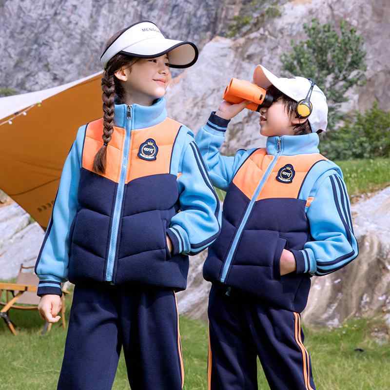 制服 男女兼用 小中学生 幼稚園 園服 秋冬 厚手 防寒 裏起毛 おしゃれ ベスト 綿 コットン セットアップ カジュアル 運動着 3点セット