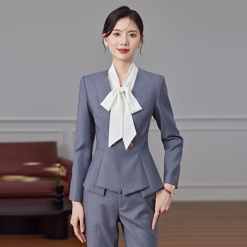 スーツ セットアップ レディース オフィス ビジネス 通勤 事務服 受付 ホテル 美容院 制服 ユニフォーム 上品 フォーマル 長袖 長パンツ ポリエステル 春秋 ブラック グレー ネイビー の商品写真