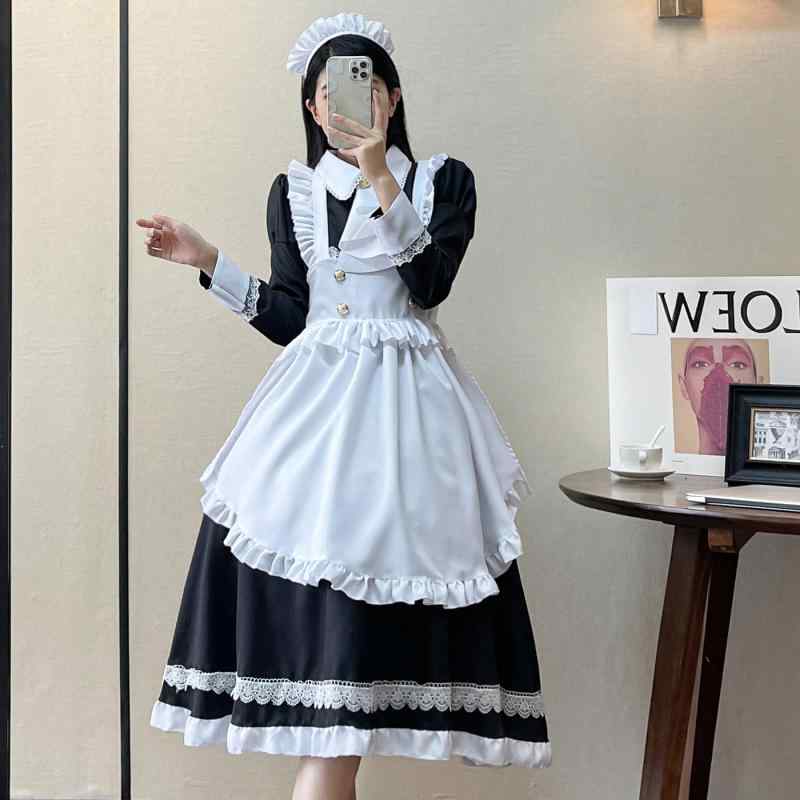 メイド服 レディース 長袖 イギリス風 ロリータ ファッション コスプレ衣装 舞台衣装 イベント アニメ キャラクター かわいい メイドコスチューム ポリエステル ブラック 清楚 エレガント 学園祭 文化祭 ハロウィン パーティー