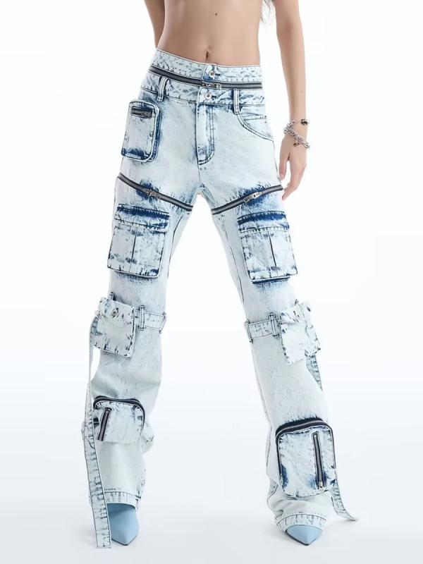 デニムパンツ レディース ハイウエスト ストレートシルエット ストレッチ ウォッシュ加工 グラデーション 切り替え カットアウトデザイン 再構築 個性派 おしゃれ ワークテイスト ストリートカジュアル ロング丈