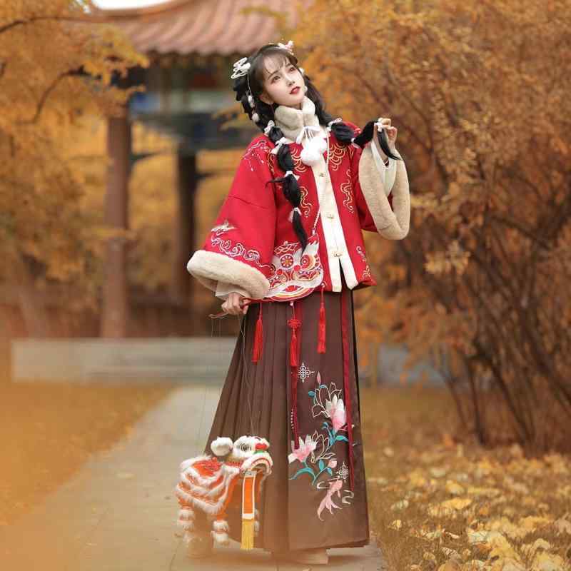 漢服 レディース 女性用 明制様式 改良型 厚手 暖かい ポリエステル素材 刺繍入り 馬面スカート セットアップ 普段着 日常着 カジュアル 秋冬