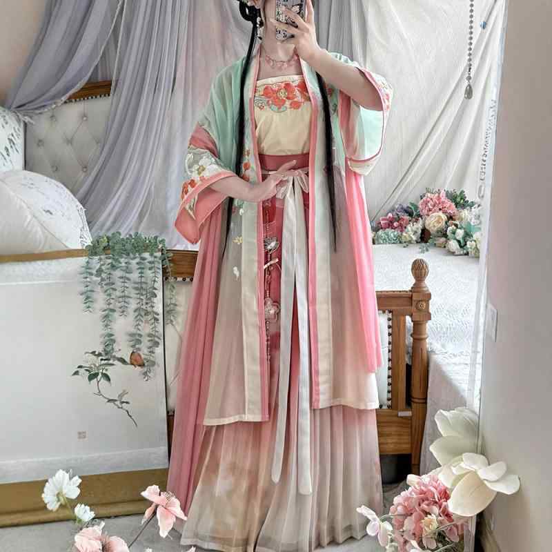 漢服 レディース オリジナル 宋王朝風 ロータスデザイン 夏秋 ポリエステル素材 セットアップ 凝った刺繍 ロング丈羽織り キャミソール ショール レースアップ 切り替え エレガント 優雅